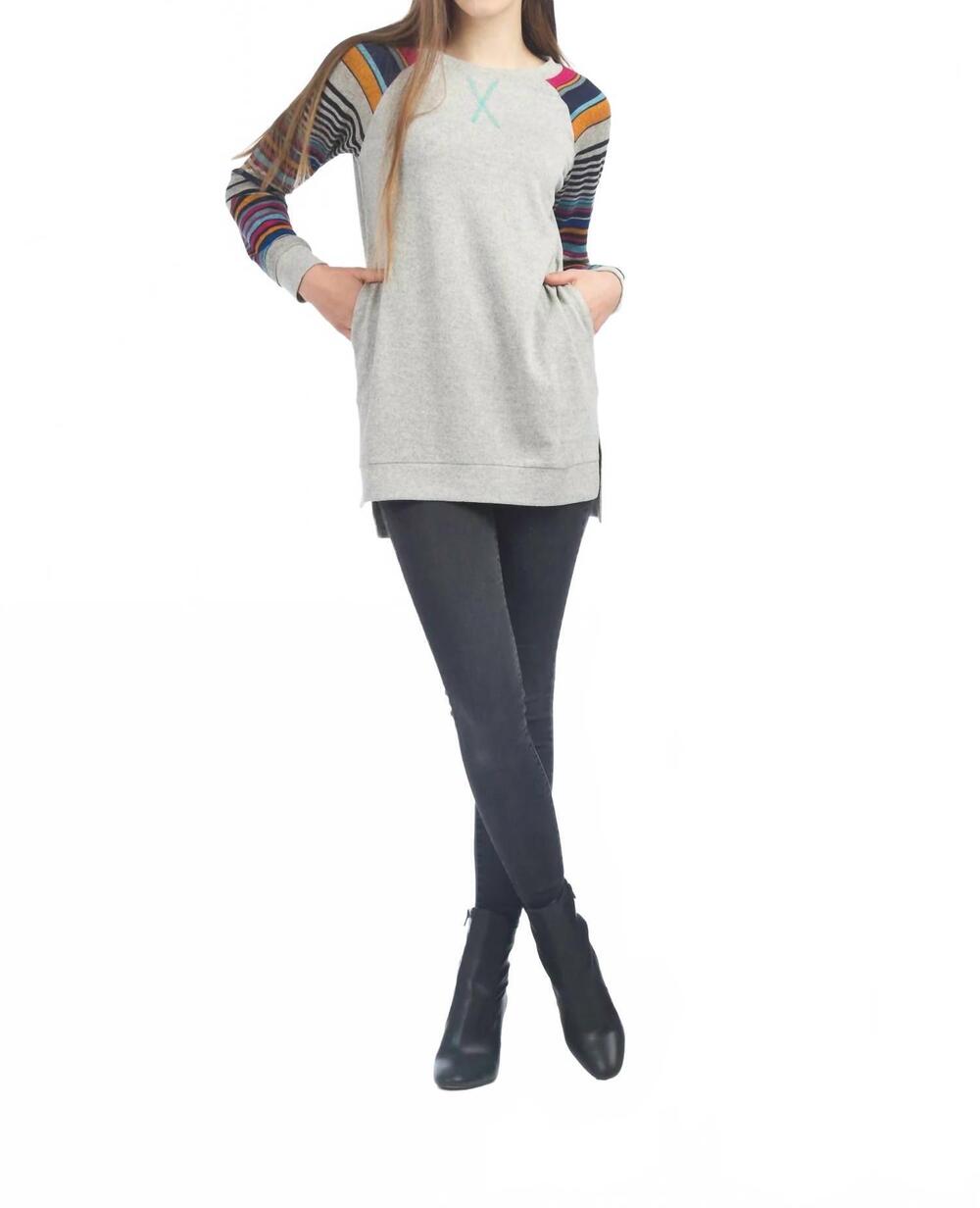NEW PAPILLON step hem tunic with multi striped sleeves in grey
